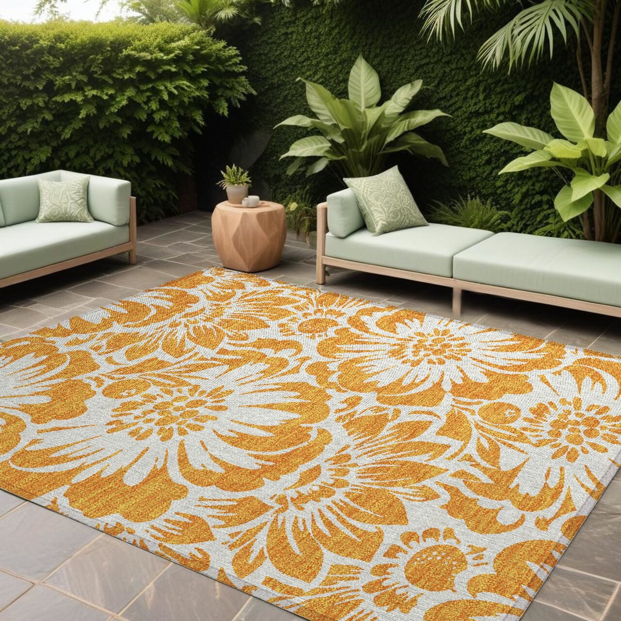 Edge Collections - 8' x 10' - Orange - Floral Washable Non-Skid Area Rug for Indoor and Outdoor Use - 1 Piece